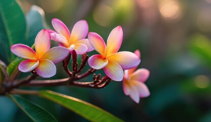 Fototapeta premium Close up of vibrant pink and yellow plumeria flowers blooming on a branch.