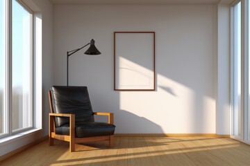An inviting empty room featuring a leather armchair and a framed art piece, bathed in natural light, evoking a sense of tranquility and minimalism.