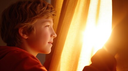 A young person stands bathed in the golden light of early morning, gazing thoughtfully out of a window. Captured from a side profile perspective, the image conveys a sense of hope, contemplation.