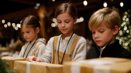 Three focused young children with gentle expressions, meticulously wrapping gift, embody the spirit of festive preparation and shared experience. They are in the warm glow of soft lighting.