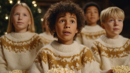 A group of children, wearing matching sweaters, share popcorn and appear to be watching something with rapt attention. Their faces are lit by an unknown light source.