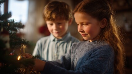 Two children, filled with anticipation and glee, decorate a Christmas tree, their faces illuminated by the warm glow of the festive lights, painting a portrait of heartwarming holiday cheer.