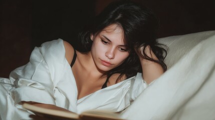 A young woman immersed in the tranquility of reading a book, embracing a moment of introspection within the cozy atmosphere of her bedroom.