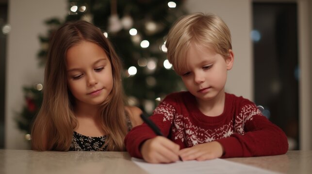 A heartwarming scene of two young children, a girl and a boy, engrossed in writing a letter, the festive glow of a decorated Christmas tree in the background. - Powered by Adobe