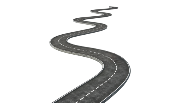 An isolated winding asphalt road with white lane markings meanders across a stark black background creating a visual metaphor for a long journey