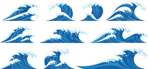 Set of ocean waves isolated on transparent background