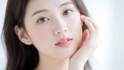 頬に手を添えるピンクメイクの女性