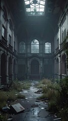 A decrepit, overgrown corridor, lit by an overhead skylight, with arched windows. Rubble litters the floor