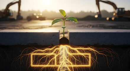 Resilient seedling emerges powerfully from concrete, a symbol of hope and growth in a changing world, supported by glowing roots