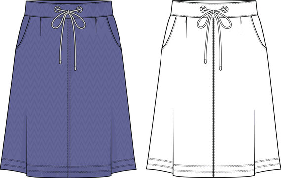 Women casual skirt fashion flat sketch, drawstring waistband with side pockets, zigzag pattern design, modern apparel vector illustration, stylish clothing concept