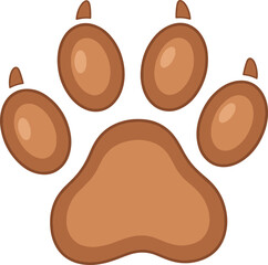 A simple, solid-colored vector illustration of an animal paw print, featuring a large central pad, four toe pads, and small claw tips, rendered in various shades of brown.