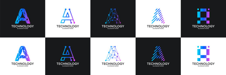 Set of initial letter A technology circuit connection digital data network logo design inspiration.