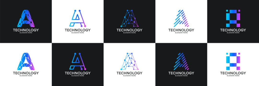 Set of initial letter A technology circuit connection digital data network logo design inspiration.