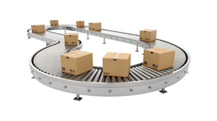 Cardboard boxes travel on an automated conveyor belt in a modern warehouse representing product distribution and logistics