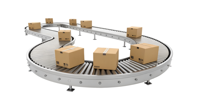 Cardboard boxes travel on an automated conveyor belt in a modern warehouse representing product distribution and logistics