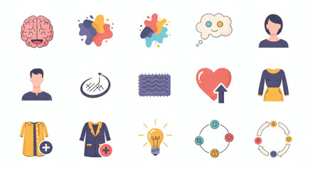 Vibrant vector icon set illustrating concepts of mind, creativity, fashion design, emotional expression, and interconnected processes for modern digital interfaces and applications.