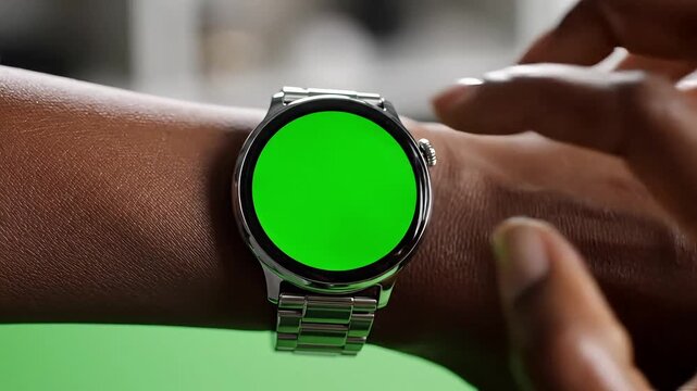 Sleek smartwatch on wrist with vibrant green screen for dynamic tech interface overlay in video projects needing a modern wearable tech element