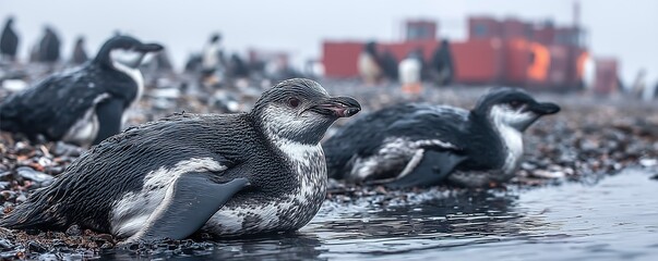 Obraz premium Seabird coated in crude oil struggles to survive — a heartbreaking result of ocean oil spills
