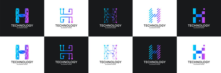 Fototapeta na wymiar Set of initial letter H technology circuit connection digital data network logo design inspiration.