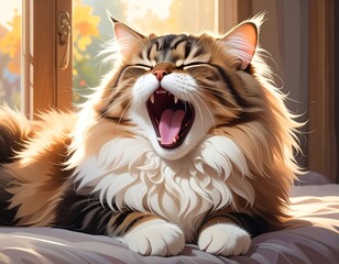 A fluffy, striped feline yawns widely, mouth open, relaxed on a bed. Sunlight streams through a window, illuminating its fur