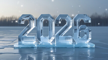 New year 2026 sculpted from translucent ice on a frozen surface with sparkling winter landscape backdrop