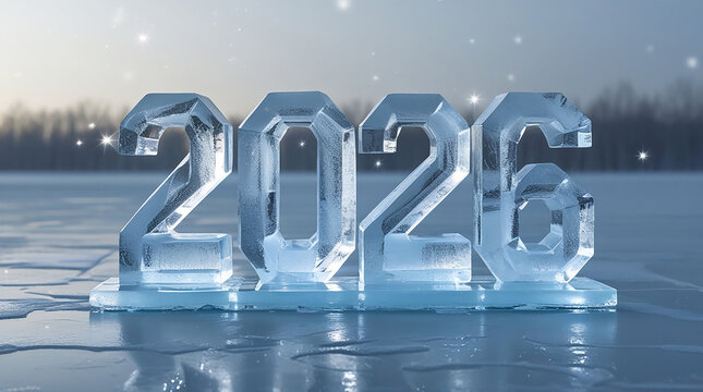 New year 2026 sculpted from translucent ice on a frozen surface with sparkling winter landscape backdrop