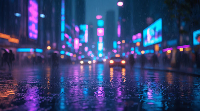 Vibrant neon light reflections on wet city street at night during heavy rain, futuristic urban ambiance, bokeh.