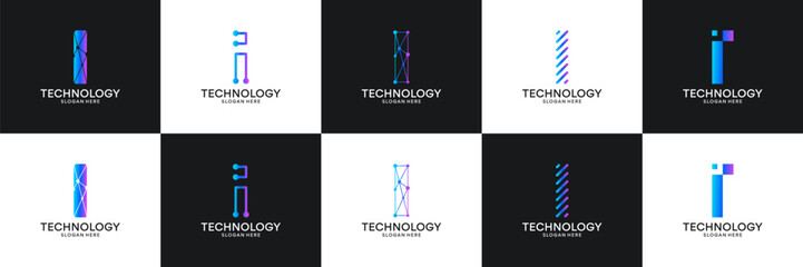 Set of initial letter I technology circuit connection digital data network logo design inspiration.
