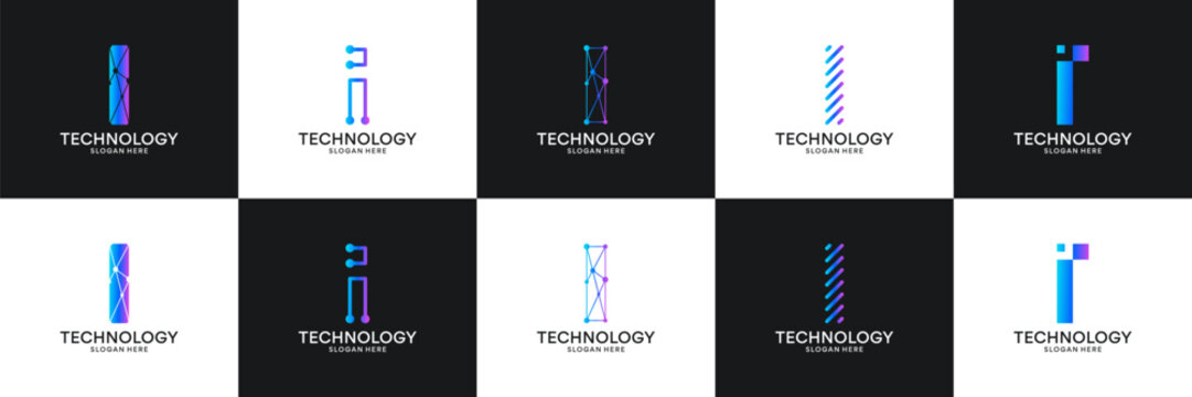 Set of initial letter I technology circuit connection digital data network logo design inspiration.