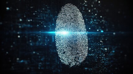 Digital fingerprint concept on futuristic background with glowing lines and binary code representing security and technology