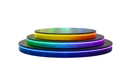 A three-tiered circular stone podium illuminated by vibrant rainbow-colored neon lights perfect for showcasing products or celebrating winners