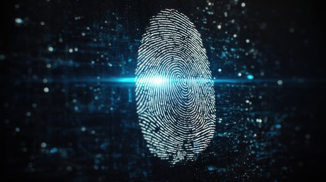 Digital fingerprint concept on futuristic background with glowing lines and binary code representing security and technology