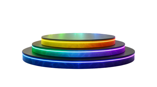 A three-tiered circular stone podium illuminated by vibrant rainbow-colored neon lights perfect for showcasing products or celebrating winners
