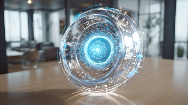 Futuristic holographic technology sphere illuminating a modern office space with sleek design and digital interface elements