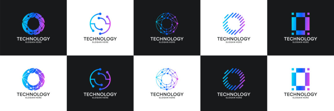 Set of initial letter O technology circuit connection digital data network logo design inspiration.