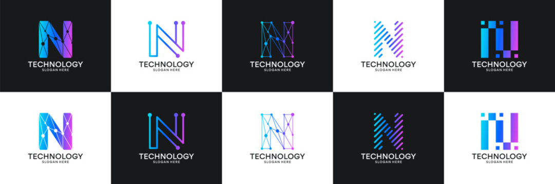 Set of initial letter N technology circuit connection digital data network logo design inspiration.