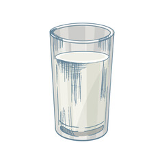 Hand drawn vintage illustration of fresh milk drink in clear glass with soft pastel colors in classic style
