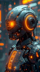 A futuristic, metallic android with glowing orange accents, a sleek helmet design, and a focus on detail