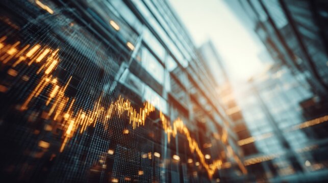 Abstract Financial Data Visualization on a Modern Cityscape with Glowing Graphs and Skyscrapers in Soft Focus