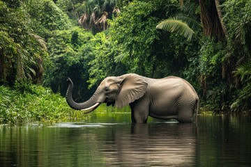 A majestic elephant gracefully navigates through a serene river, surrounded by lush greenery and towering trees, embodying the essence of tranquility and strength.