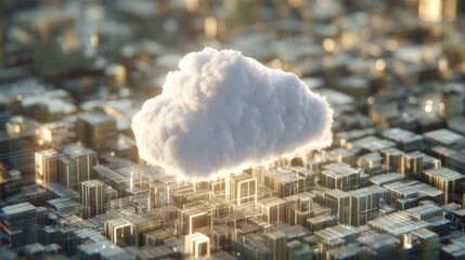 3D Illustration of Cloud Computing Over Digital Cityscape with Bright Buildings and Abstract Data Flow Representations