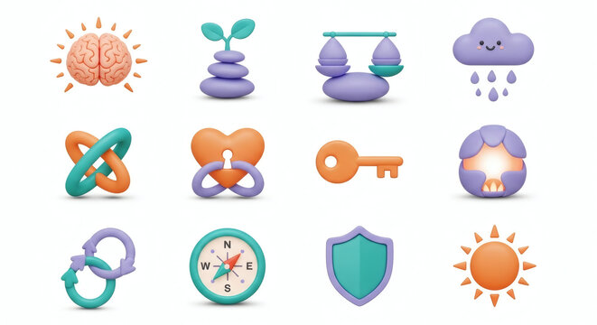 A collection of soft 3D concept icons representing growth, balance, security, connection, and innovative ideas for modern digital design.