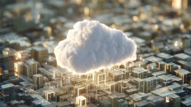 3D Illustration of Cloud Computing Over Digital Cityscape with Bright Buildings and Abstract Data Flow Representations - Powered by Adobe