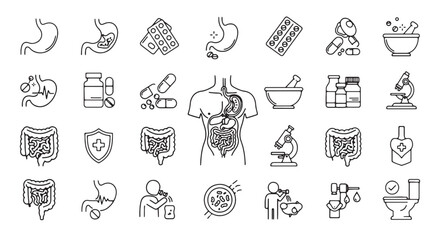 Set of digestive system icons thin line vector illustration for medical and healthcare design isolat