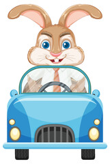 Cartoon Rabbit Driving Blue Convertible Car Front View