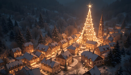 Christmas tree in a snowy village at night illuminated with lights creating a festive winter scene