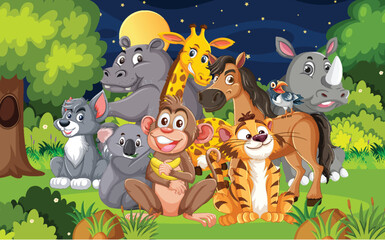 Group of Cartoon Jungle Animals Under Night Sky