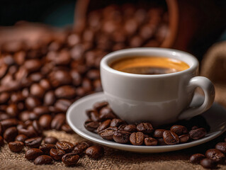 Closeup of a cup of coffee with coffee beans around in a blurry colorful background.