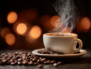Closeup of a cup of coffee with coffee beans around in a blurry colorful background.
