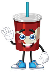 Smiling Cartoon Soda Cup Waving with Blue Sneakers